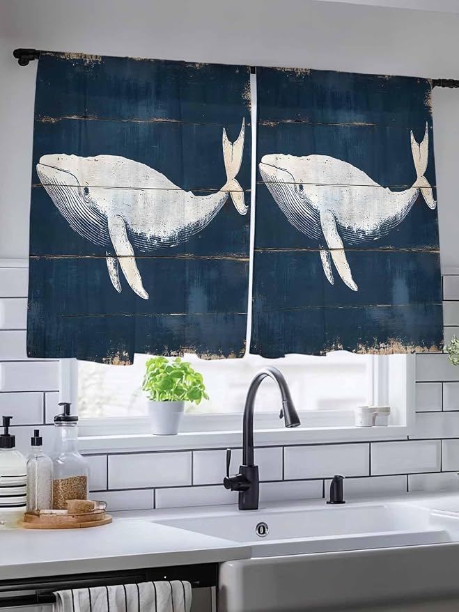 Sheer Curtains 45 Inch Length, Ocean Whale Blue Semi Sheer Curtains Light - Image 5