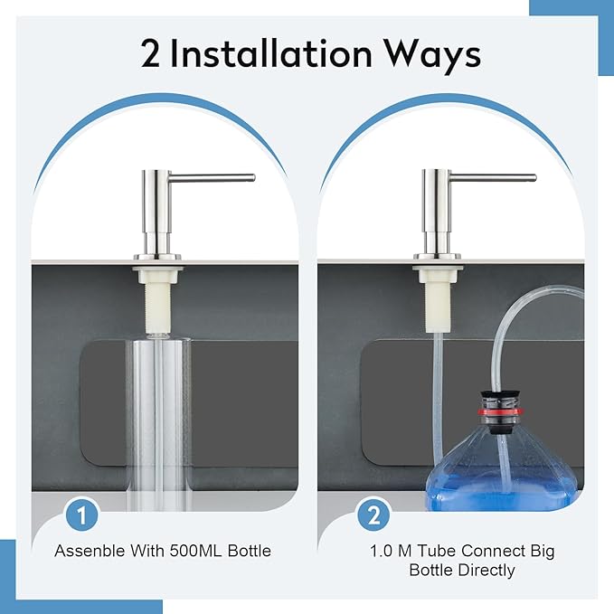 Kitchen Sink Soap Dispenser with 17 OZ Bottle and 40" Extension Tube Kit, Stainless Steel Built-in Soap Dispenser for Kitchen Sink or Countertop, in or Under Sink Installation, Brushed Nickel