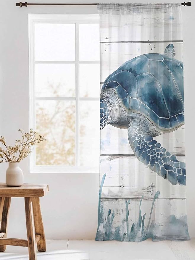 Sheer Curtains 84 Inches Long, Ocean Sea Turtle Semi Sheer Curtains Light - Image 3