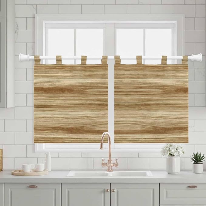 Light Brown Wood Grain Kitchen Curtains 24 Inch Length, Small Window Curtains - Image 3