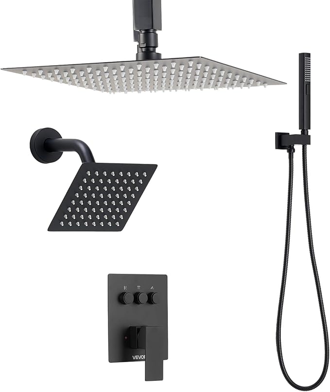 VEVOR Shower Faucet Set, 10 Inch Ceiling Mount Rainfall Shower System with 6 Inch Wall Mount Head and 2 in 1 Handheld Spray, Rotatable 3-Function Dual Rain Head Brass Valve and Trim Kit, Matte Black