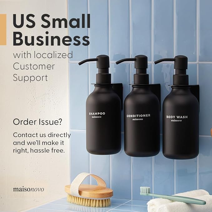 MaisoNovo Refillable Shampoo and Conditioner Bottles | 16.9 fl oz Set of 3 Black Plastic Bottles Black Pumps