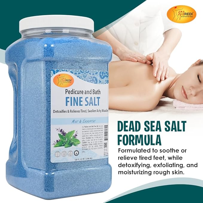 SPA REDI - Detox Foot Soak Pedicure and Bath Fine Salt, Mint and Eucalyptus, 128 Oz - Made with Dead Sea Salts, Argan Oil, Coconut Oil, and Essential Oil - Hydrates, Softens and Moisturizes
