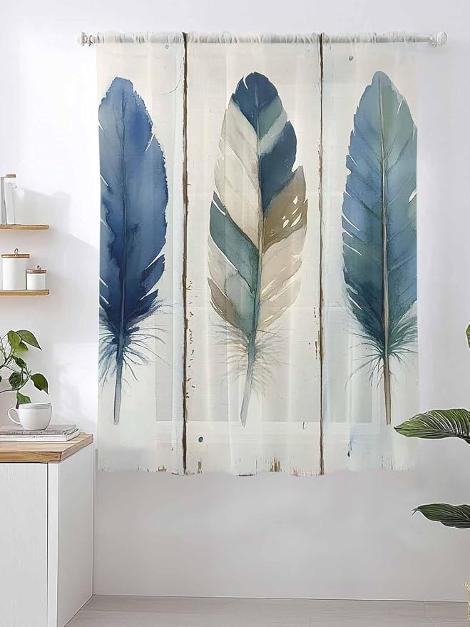 Sheer Curtains 63 Inch Length, Boho Blue Feathers Semi Sheer Curtains Light - Image 2