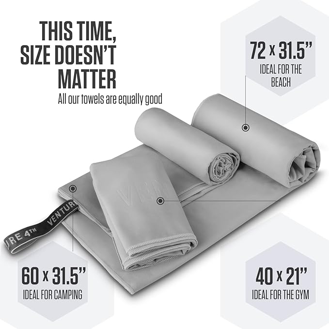 VENTURE 4TH Quick Dry Towel. Microfiber Travel Towel Ideal for Camping, Hiking, Backpacking, Gym. Lightweight & Fast Drying Travel Towels for Body. Compact & Easy to Pack - Light Gray Extra Large
