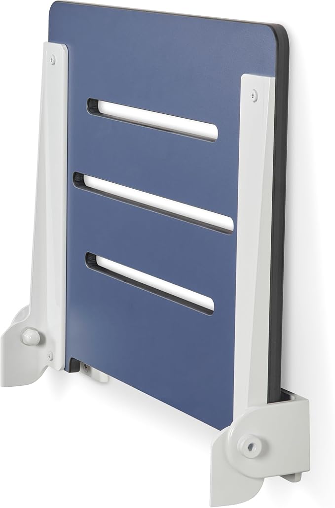 18 inch Silhouette Slimline Folding Wall Mount Shower Bench Seat, Navy Seat with White Frame