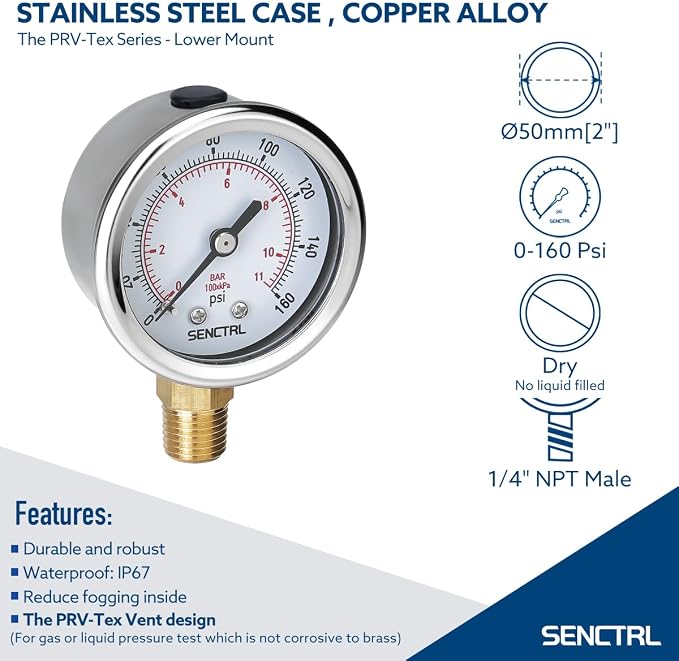 SENCTRL 0-160 Psi Pressure Gauge, 1/4 NPT Lower Mount, Waterproof, Stainless - Image 2