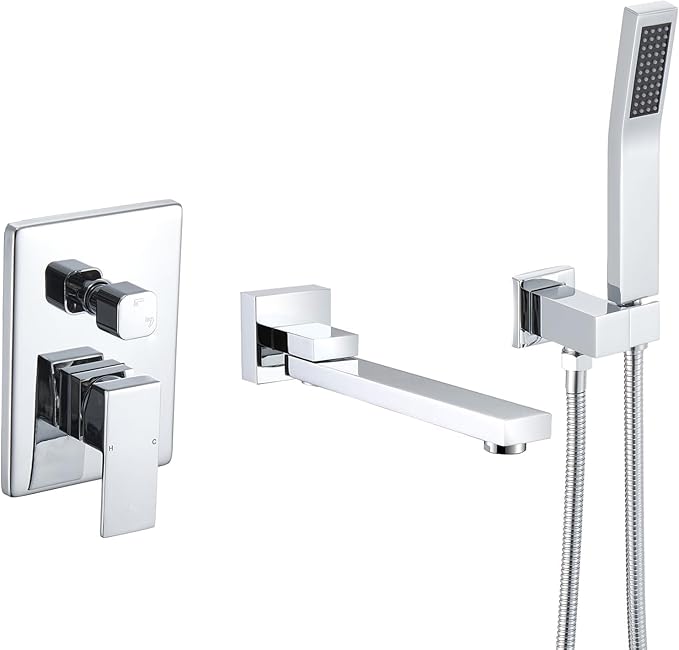DASAN Swiveling Wall Mount Tub Filler Faucet Set with Hand Held Shower, Chrome Modern Creative Bathtub Faucet Wall Mounted Bath Tub Faucet with High Flow Rough in Valve, SA-TF05WH-PC