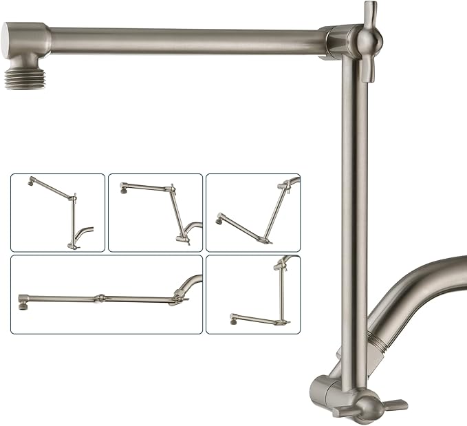 BRIGHT SHOWERS Brass Shower Arm Extender for Rain and Handheld Shower Head, 14 Inch Universal Shower Head Extension Arm, Adjustable Height & Angle, Brushed Nickel