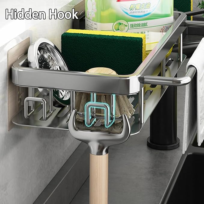 Kitchen Sink Drain Storage Rack Wall Mount Sponge Holder with Drainer Shampoo Soap Storage Shelf Toilet Balcony Bathroom Dishwashers Wire Rags Sponge Sink Drain (Gray)