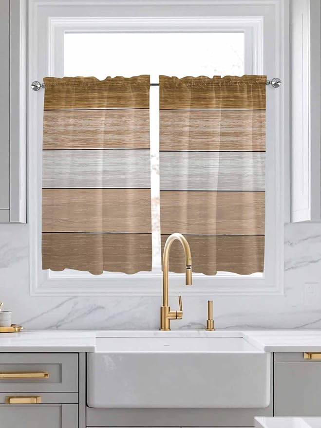 Retro Farm Wood Board Window Valance Curtains, 2 Panel - Image 2