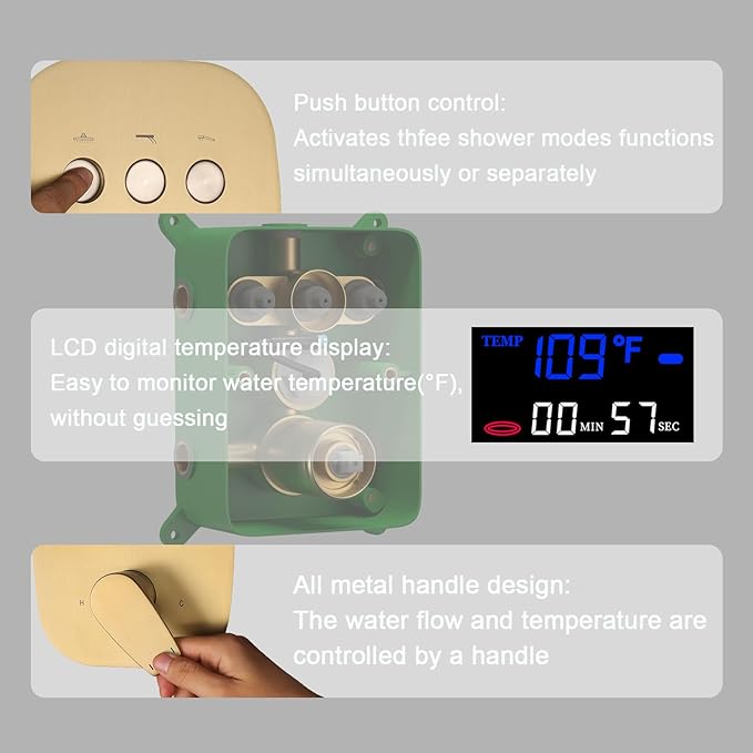 Temperature Display Brushed Gold Shower System Set, Push Button Shower Faucet with 2 Rainfall Shower Head(12+8 inch), with Handheld Shower