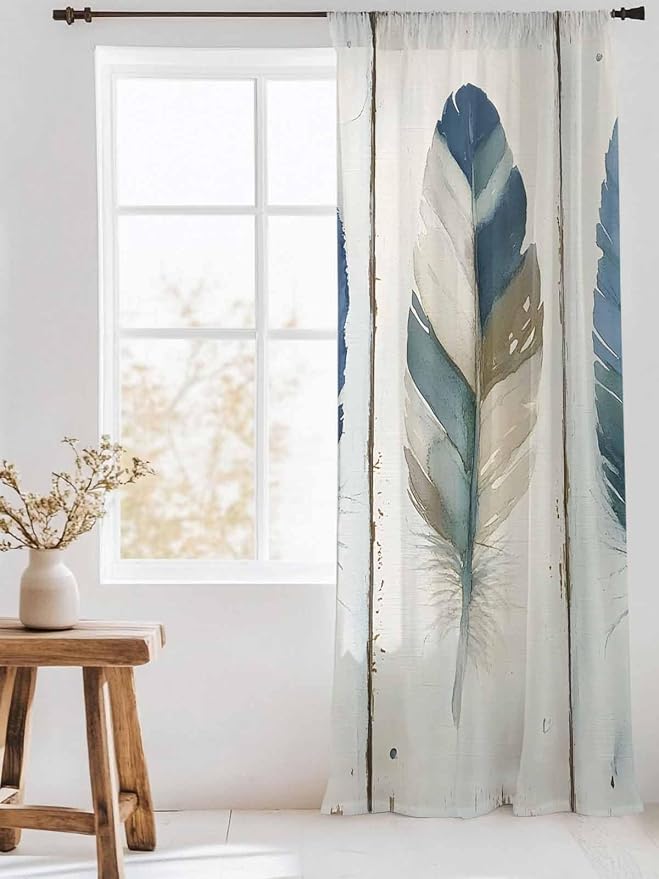 Sheer Curtains 108 Inches Long, Boho Blue Feathers Semi Sheer Curtains Light - Image 3
