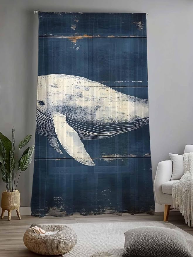 Sheer Curtains 84 Inches Long, Ocean Vintage Whale Semi Sheer Curtains Light - Image 2