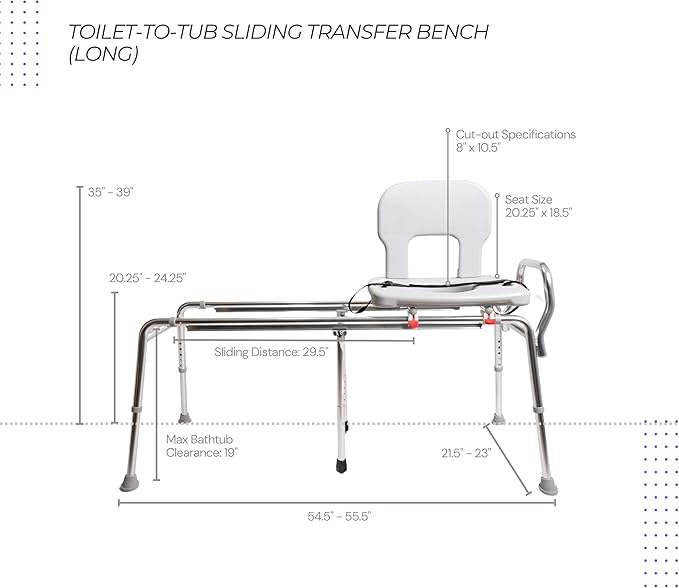 Eagle Health Supplies Toilet-to-Tub Transfer Bench with Cut Out Seat, FSA/HSA Eligible Sliding Shower Chair for Elderly and Disabled, Height Adjustable Shower Seats for Adults Inside Shower, 77963