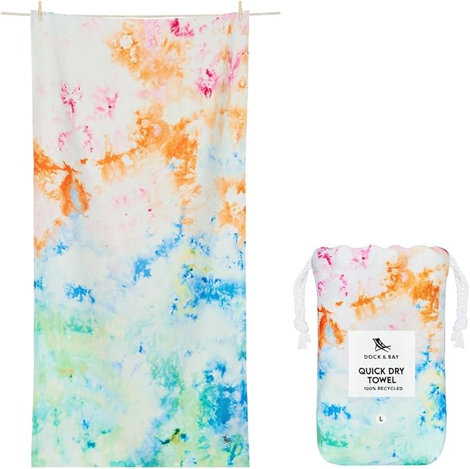 Dock & Bay Beach Towel - Quick Dry, Sand Free - Compact, Lightweight - 100% Recycled - Includes Bag - Sunset Splash - Large (160x90cm, 63x35)