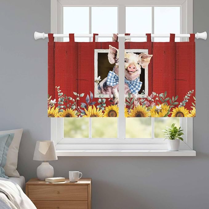 Pig Sunflowers Kitchen Curtains 36 Inch Length, Small Window Curtains Tab Top - Image 9