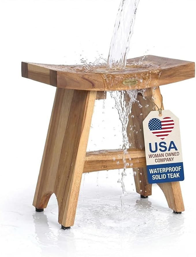 EcoDecors Teak Shower Bench 18", 300 lb Capacity – Waterproof Wood Bath Seat for Adults - Compact Spa Stool for Small Bathrooms & Walk-in Showers with Slip-Resistant Feet