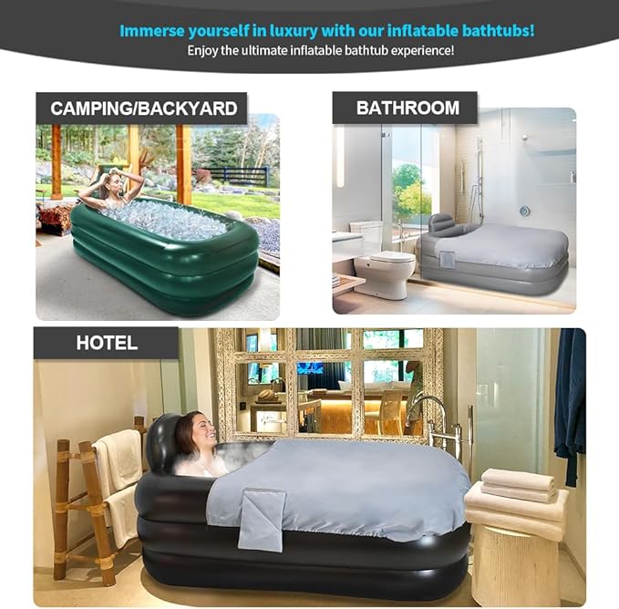 Inflatable Bathtub Adults - Blow Up Bathtub Adult for Indoor Shower Use, Portable Bathtub Adult with Cover, 62.2x37.4x17.72in, Light Grey