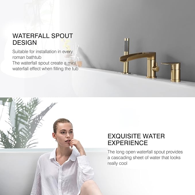 TapLong Waterfall Roman Tub Faucet with Hand Shower, Widespread Deck Mount Bathtub Faucet with Sprayer, Single-Handle 3-Holes Bathtub Shower Faucet Set in Brushed Gold, 03119BG