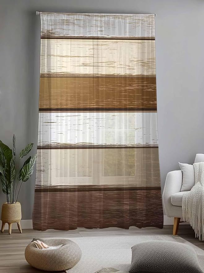 Sheer Curtains 108 Inches Long, Vintage Geometric Brown Semi Sheer Curtains - Image 2