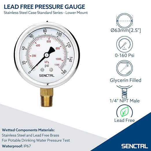 SENCTRL 160 Psi Lead-Free Glycerin Liquid Filled Low Pressure Gauge, 2.5" Dial - Image 2