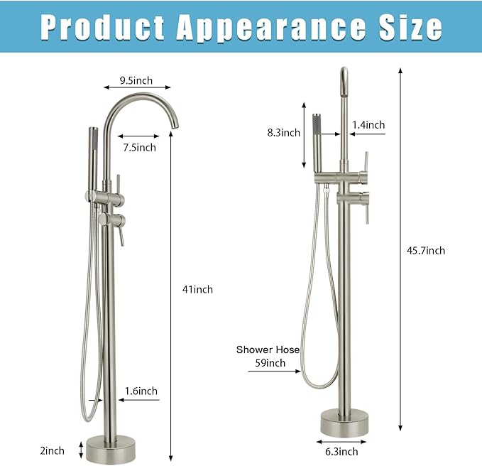Floor Mount Bathtub Faucet，Freestanding Tub Faucet ，High Flow Dual Function 360 Degree Rotating Tube and Handheld Water Outlet (Brushed Nickel)