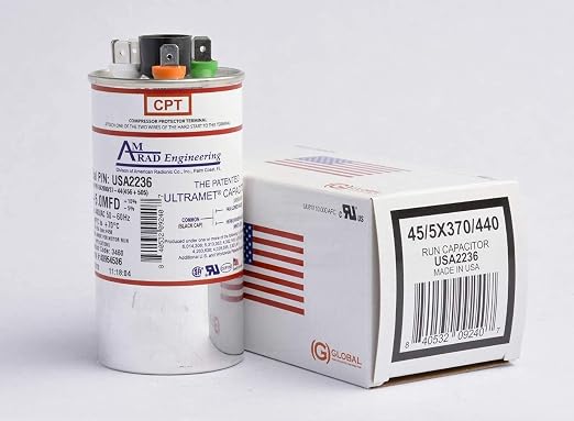 45 + 5 uf/Mfd Round Dual Universal Capacitor • AmRad USA2236 by AMRAD