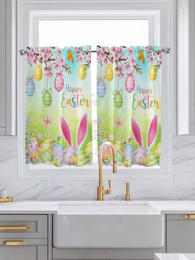 Easter Kitchen Curtains 54 Inches length, Spring Bunny Colorful Rabbit Eggs - Image 3
