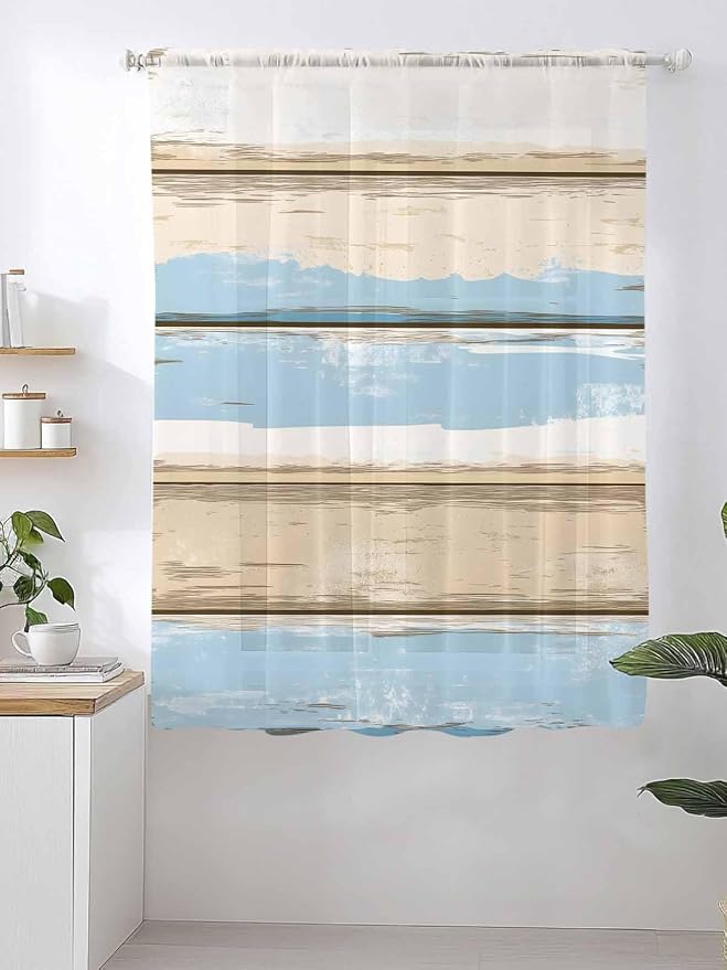 Sheer Curtains 63 Inch Length, Vintage Geometric Blue Semi Sheer Curtains Light - Image 2