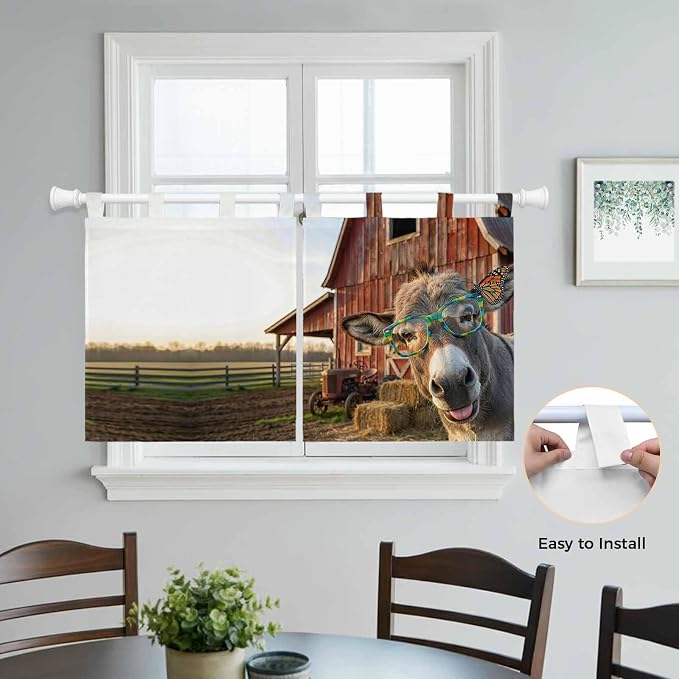 Farm Donkeys Kitchen Curtains 36 Inch Length, Small Window Curtains Tab Top - Image 4
