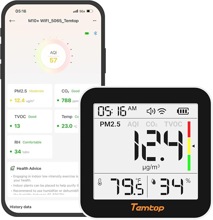 Temtop M10+ WiFi Air Quality Monitor, Rechargeable CO2 Detector by Temtop