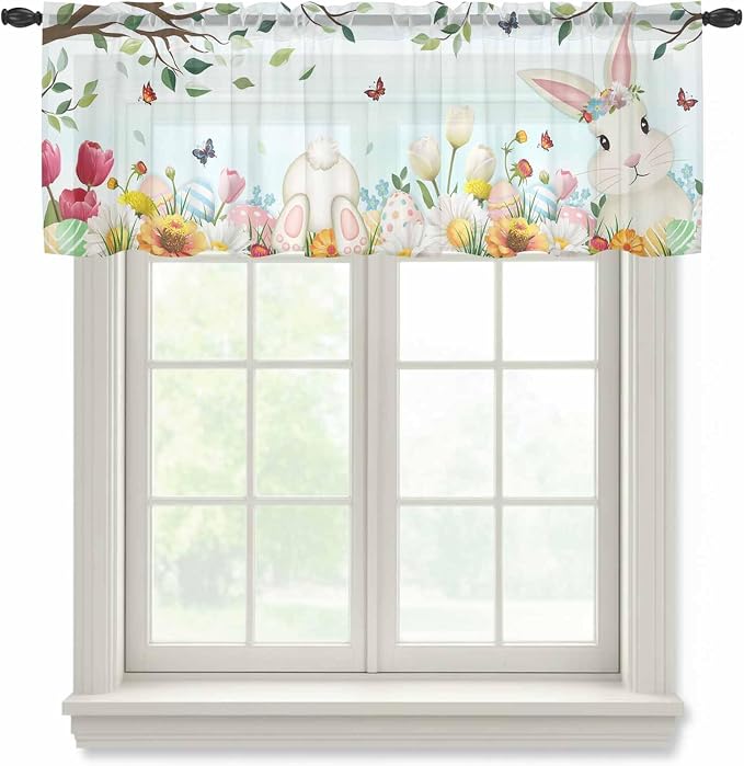 Easter Sheer Valances for Windows 42"x12", Light Filtering Kitchen Curtains by Unknown