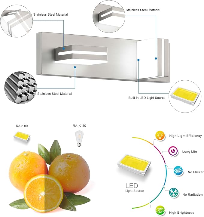 SineRise LED Modern Bathroom Vanity Light Fixtures (2-Light, 15.5-Inch, Dimmable), Brushed Nickel Modern Acrylic Bathroom Wall Lighting Fixtures Over Mirror (Cool White 6000K)