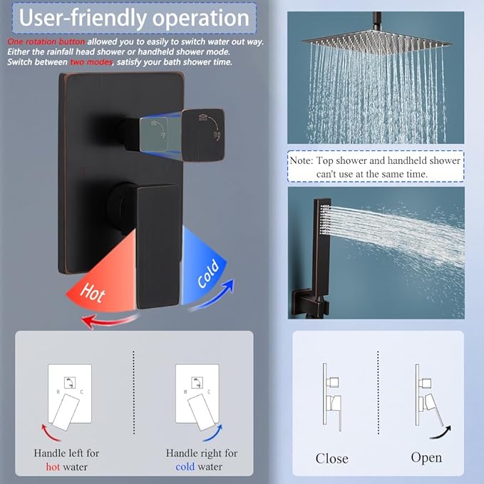 12 Inch Oil Rubbed Bronze Ceiling Mount Shower System Bathroom Luxury Rain Mixer Shower Combo Set Ceiling Rainfall Shower Head System Faucet Contain Rough-in Valve and Trim Included