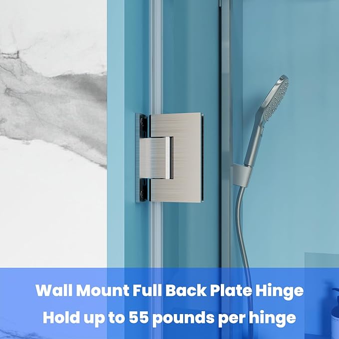 Shower Door Hardware Kit for Frameless Corner Shower Setup, Includes Hinges, Square Pull Handles, U-Clamps and Connector, for 5/16"–3/8" Glass, Bathtub or Standing Shower Use, Brushed Nickel