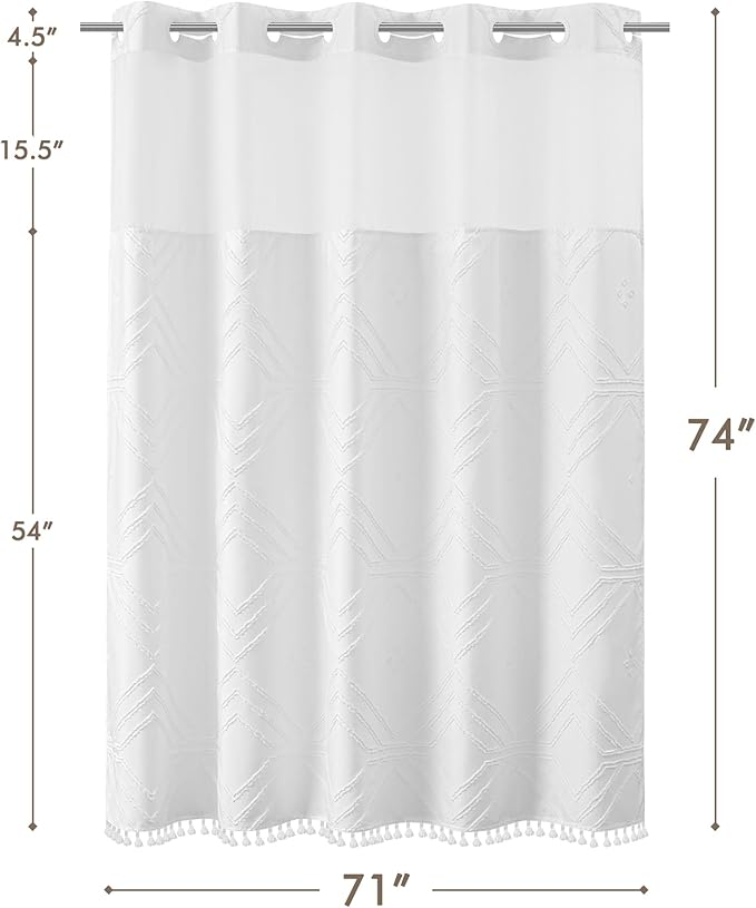 ROSERY No Hook Shower Curtain with Snap in Fabric Liner Set, Boho Farmhouse Jacquard Tufted Geometric Striped Shower Curtain for Bathroom with Tassel, Geometric Pattern, 71" W x 74" L