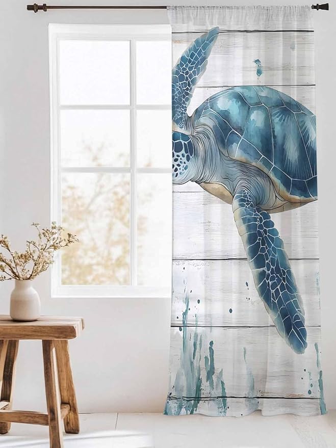 Sheer Curtains 84 Inches Long, Teal Green Ocean Turtle Semi Sheer Curtains - Image 3