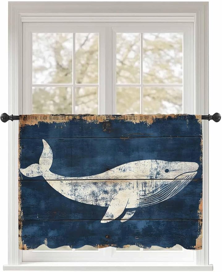 Sheer Curtains 54 Inch Length, Ocean Whale Blue Semi Sheer Curtains Light by Unknown