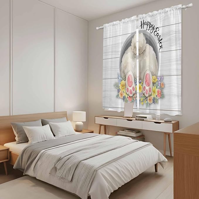 Easter Bunny Window Curtains 63 Inch Long 2 Panel Set, Rod Pocket Bedroom - Image 4