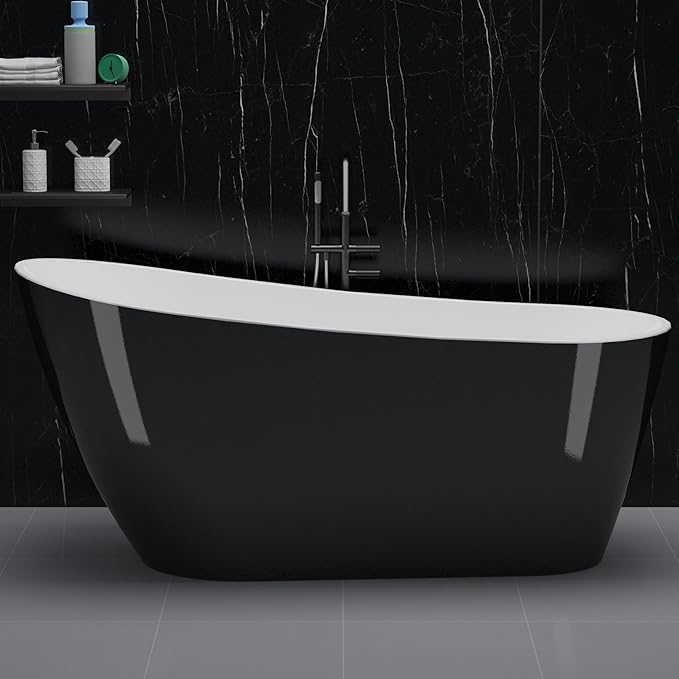 67" Deep Soaking Bathtub, Non-Slip Acrylic Tub with Chrome Drain, CUPC Certified, Ergonomic Modern Bath for Bathrooms, Easy-Install, Black Upturned