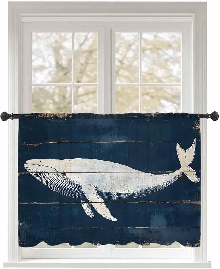Sheer Curtains 54 Inch Length, Ocean Whale Blue Semi Sheer Curtains Light by Unknown