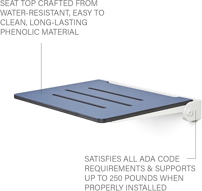 18 inch Silhouette Slimline Folding Wall Mount Shower Bench Seat, Navy Seat with White Frame