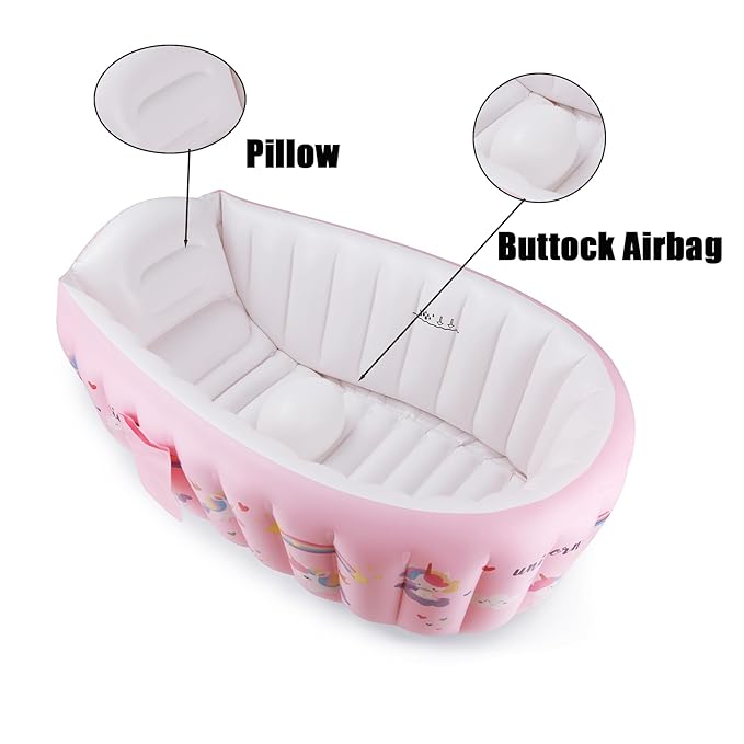 PandaEar Baby Inflatable Bathtub, Portable Travel Baby Infant Bath Tub Toddler Bathtub with Air Pump, Foldable Non-Slip Shower Basin Mini Air Swimming Pool for Newborn (Pink Unicorn)