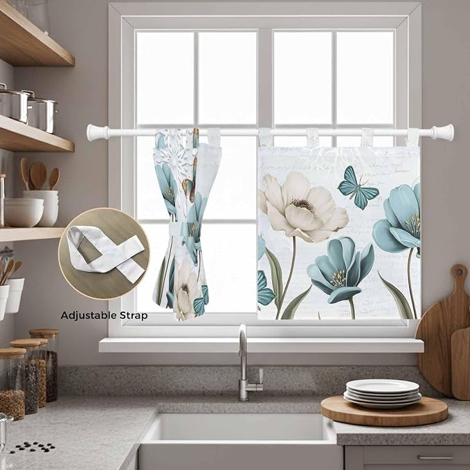 Blue Tulips Kitchen Curtains 24 Inch Length, Small Window Curtains Tab Top - Image 5