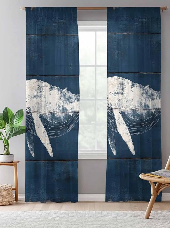 Sheer Curtains 108 Inches Long, Summer Whale Semi Sheer Curtains Light - Image 5