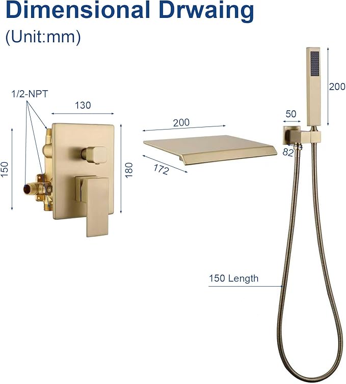 Taplong Wall Mount Tub Faucet with Waterfall Tub Spout Tub Faucet Set Wall Mounted Bathtub Faucet with Handheld Sprayer Brushed Gold Modern Bathroom Tub Filler Rough-In Valve Included-91266BG