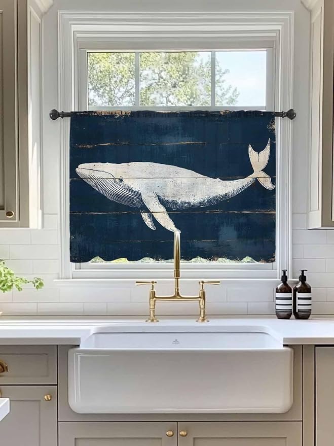Sheer Curtains 54 Inch Length, Ocean Whale Blue Semi Sheer Curtains Light - Image 3