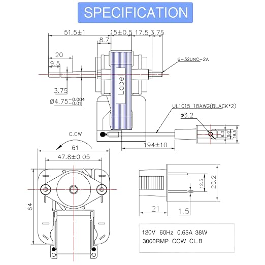 Bathroom Vent Exhaust Fan Motor, 50CFM 120V Replacement Electric Motors Kit - Image 2