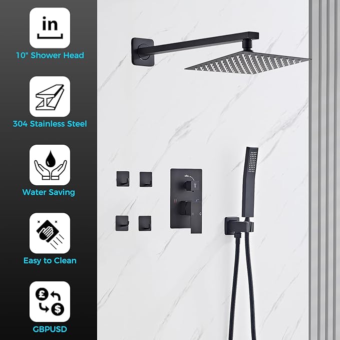 10" Matte Black Rainfall Shower Faucet Set with Rain Shower Head & Handle Set, Wall-Mounted Shower System, Full Metal Trim, Includes Shower Valve Complete Shower Kit